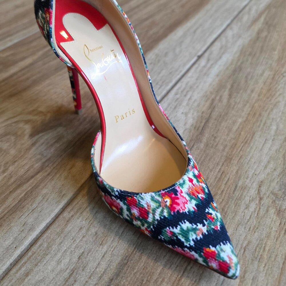 Christian Louboutin Iriza 100 Navy Blue Flower Denim Shoes Eur. 35